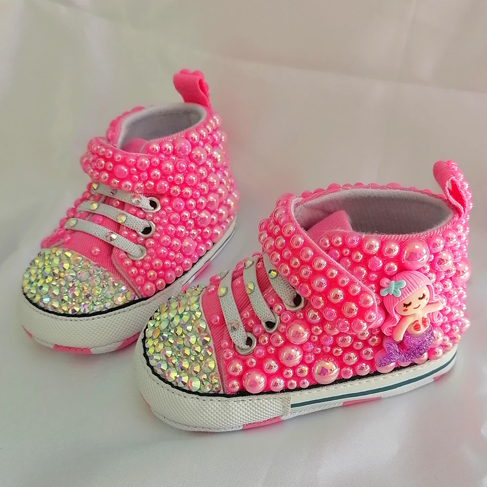 Handmade Bow Pearl Rhinestones Baby Girls Shoes Hairband First Walker Sparkle Christmas Mermaid Crystals Princess Shoes Shower