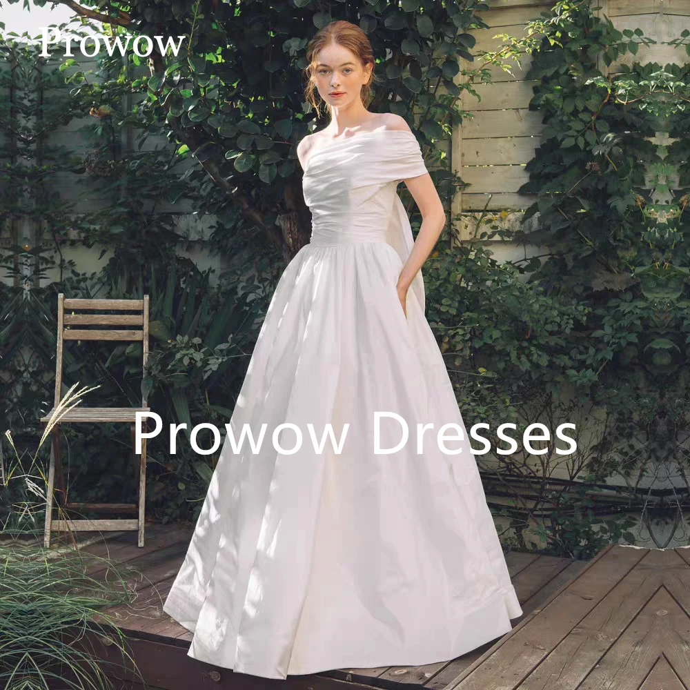 Prowow Simple Ivory A Line Wedding Dress Korea Photoshoot Pleats Taffeta Floor Length Bridal Gown With Bolero Customized