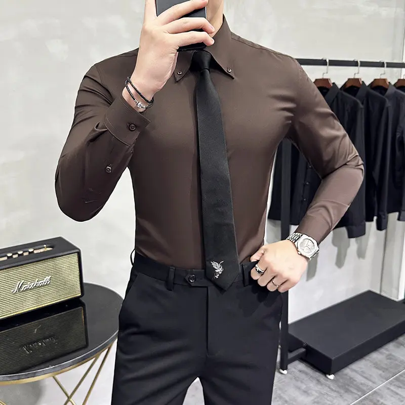 

Elegant British Style Men's Shirt Large Collar Fashionable Drape Business Casual Slim Fit Young Man's Dress Shirt