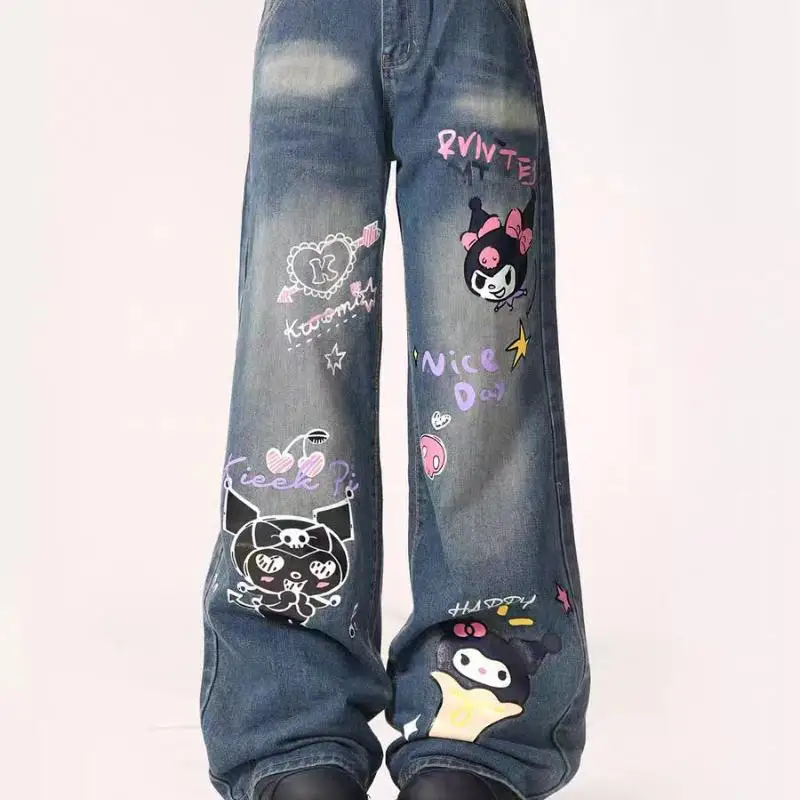 Sanrio cartoon jeans kuromi bonito solto menina pernas largas doce bonito casual moda conforto casual respirável presente para namorada
