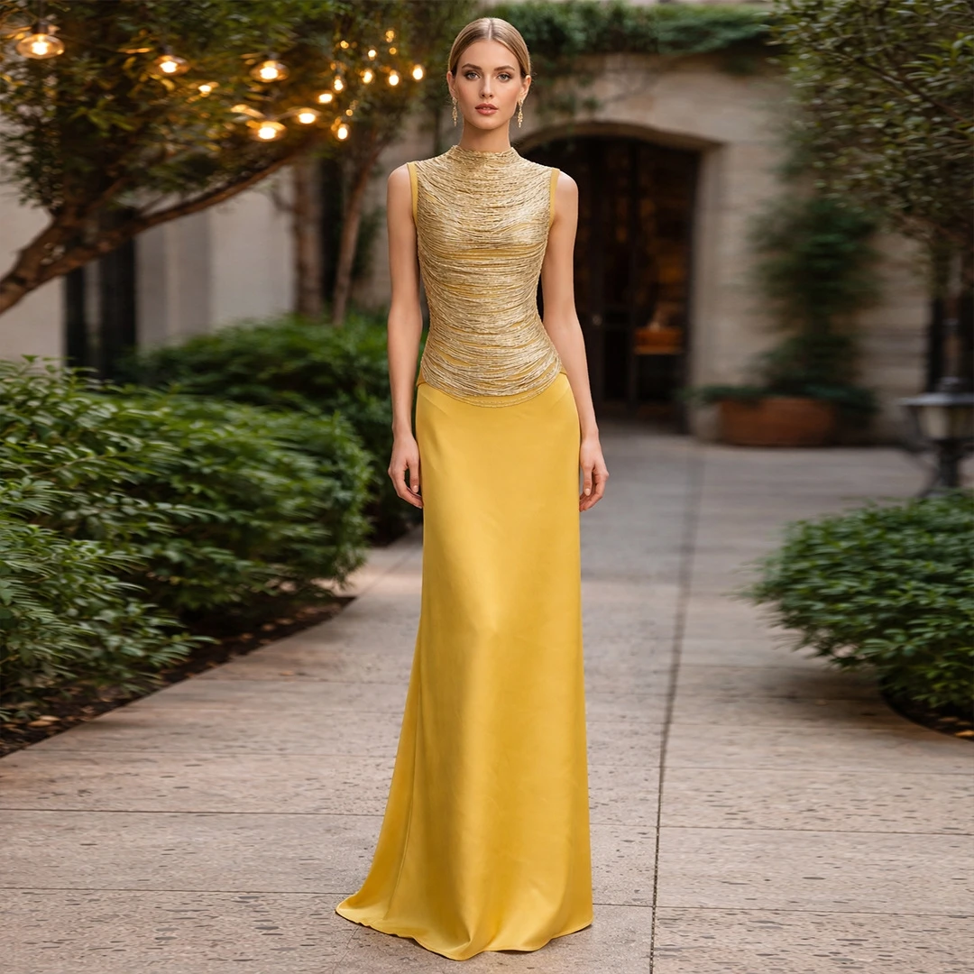

New Gold Sequin Sleeveless Long Dress Two-Piece Set Elegant Slimming Party Evening Wear Fashionable Tassel Trim Knitted Fabric
