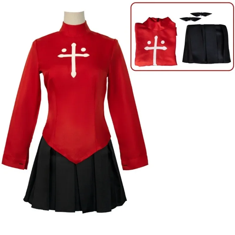 

Tohsaka Rin Cospaly Costume pour femme, jeu d'anime, soirée de fête, ensemble jupe rouge noire, carnaval imbibé, Halloween