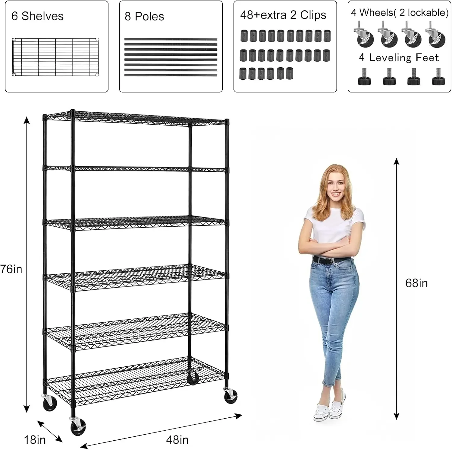 6000Lbs Capacity Heavy Duty Storage Shelves Commercial Wire Shelving Unit and Storage Adjustable NSF 6 Tier Metal Rack Shelf