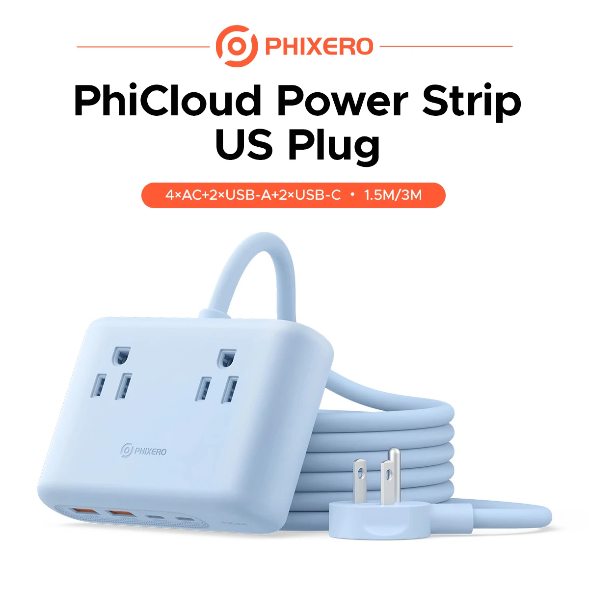 PHIXERO Phicloud Power Strip 8 in 1 GaN Power Extension Outlet 1.5m/3m Extension Cord Home Travel Essentials US Plug