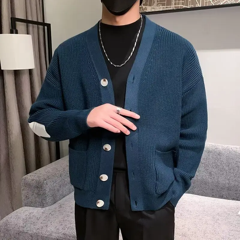 

Vintage Korean Men's Knit Cardigan 2025 AW Loose Casual Splicing Color Button Pockets Versatile Slouchy Outerwear for Men