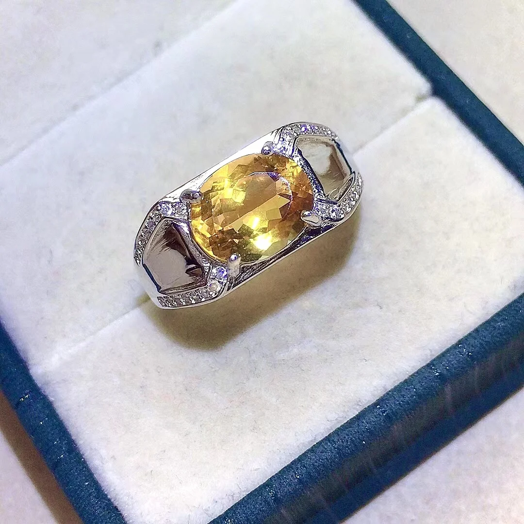 Fashion Man Silver Ring 3ct 8mm*10mm Natural Citrine Ring for Party Solid 925 Silver Citrine Jewelry for Man