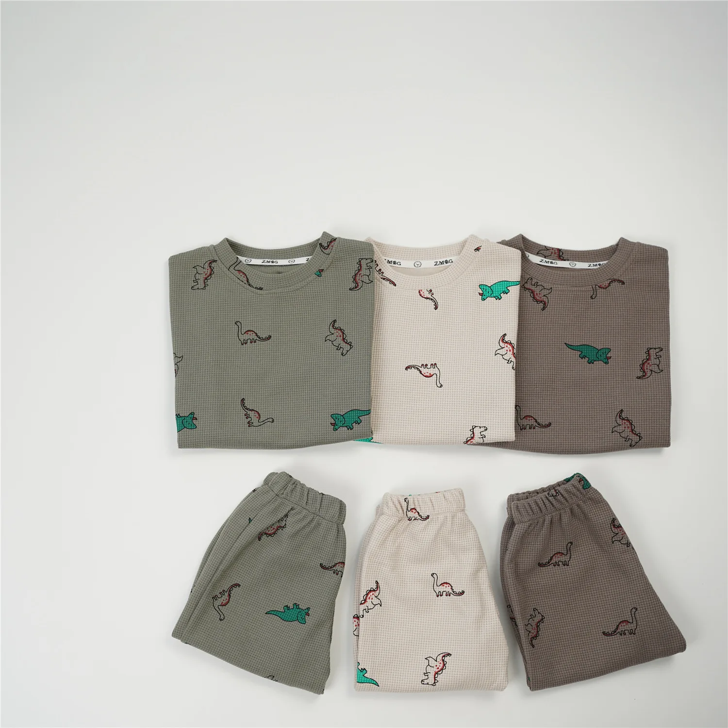 

2024 Spring New Baby Dinosaur Sweatshirt Set Boy Girl Children Cute Cartoon Casual Tops + Pants 2pcs Kids Waffle Sports Outfits