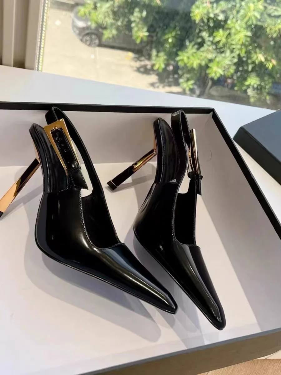 

Pointed metal high heels for women's spring new style with a thin toe and black patent leather, sexy in Europe and America