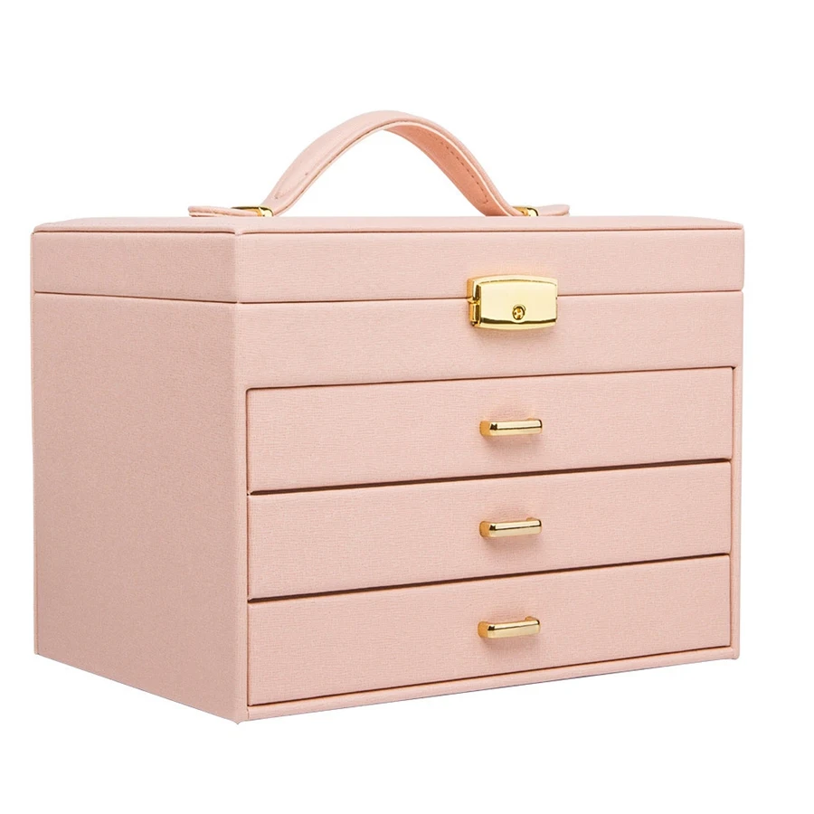 Large Jewelry Packaging & Display Box Armoire Dressing Chest with Clasps Bracelet Ring Organiser Carrying Cases Pink