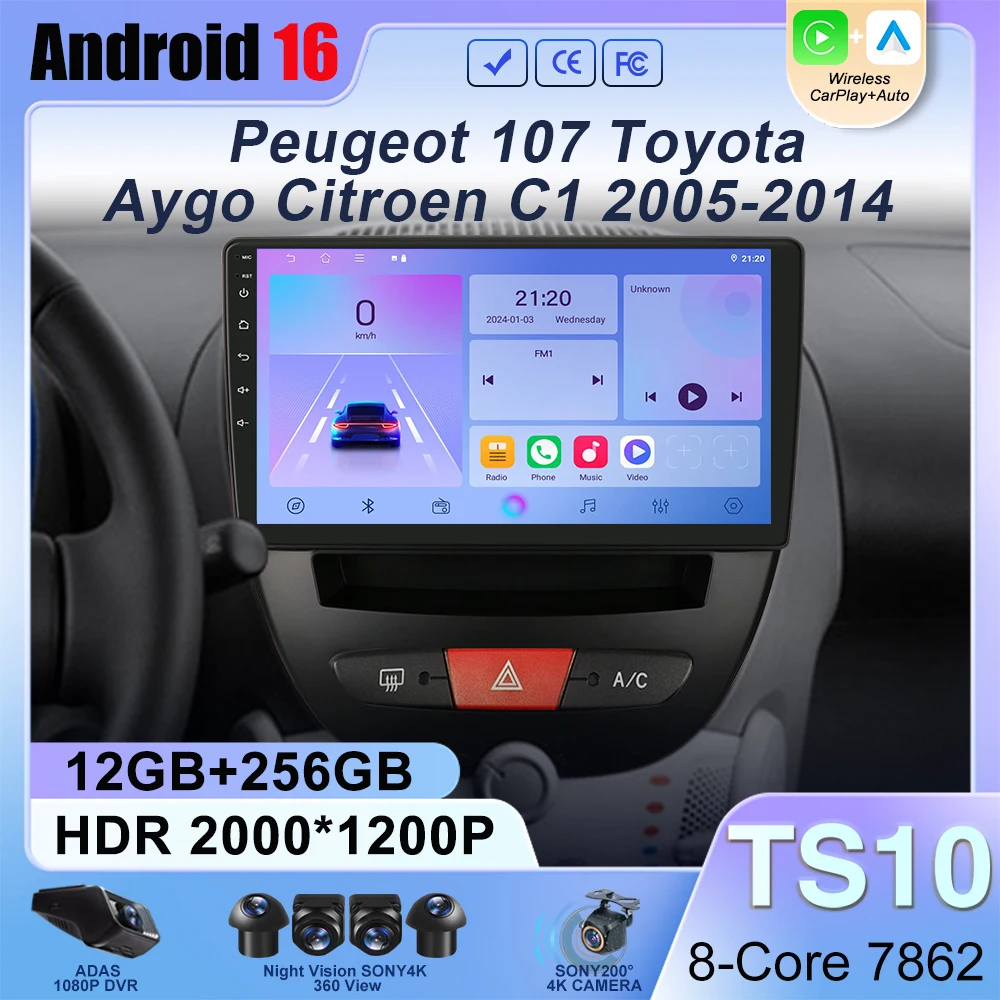 Car Radio Android 16 For Peugeot 107 Toyota Aygo Citroen C1 2005-2014 GPS Carplay Multimedia Stereo Auto Audio Player Navigation
