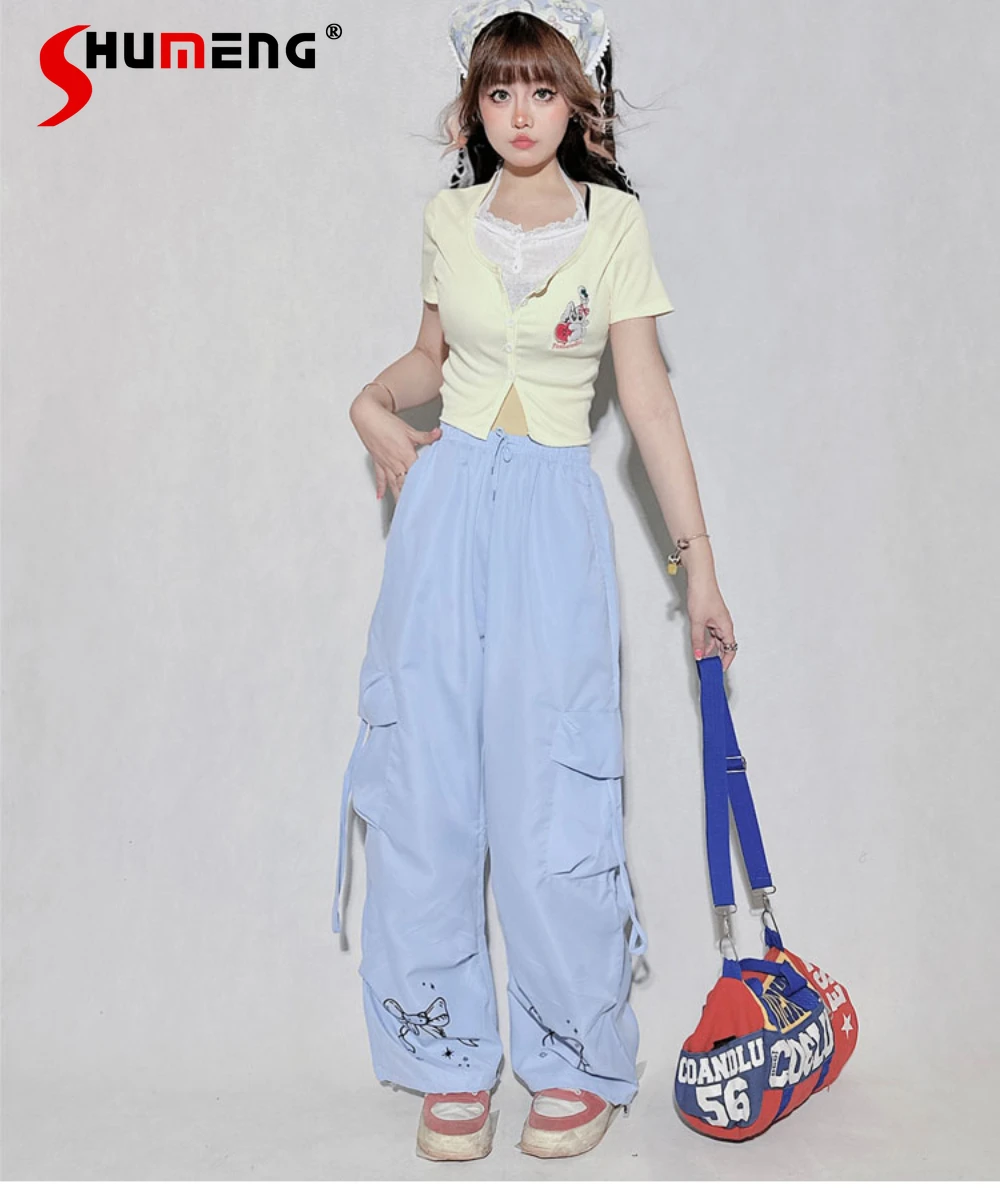 

Preppy Butterfly Print Student Blue Casual Trousers Women Streetwear Fashion Loose Slim Wide Leg Pants Autumn New Cargo Pants