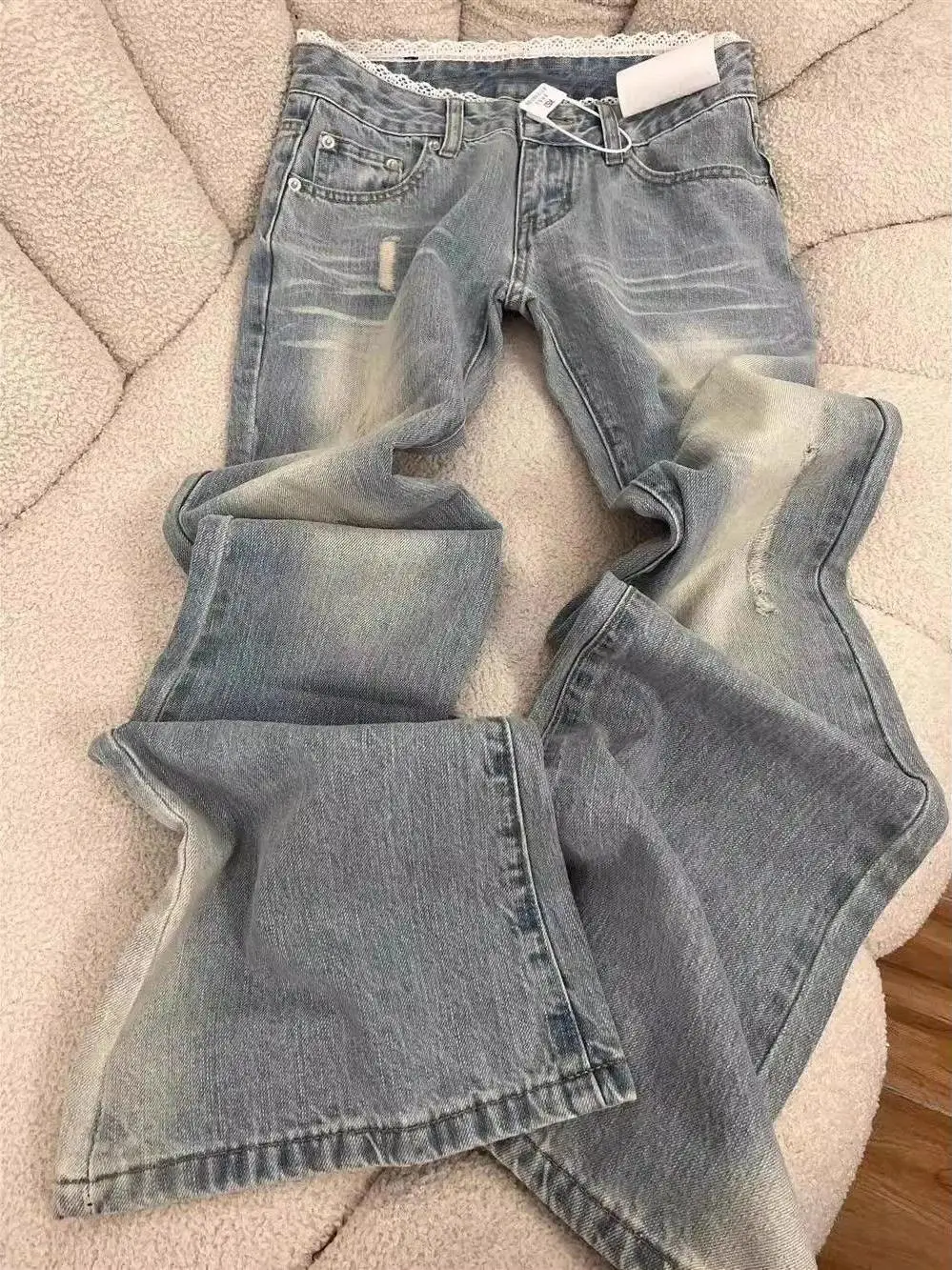 

Джинсы женские с низкой посадкой, широкие штанины, осенне-зимние, свободного кроя, с кружевными вставками, расклешенные, в американском стиле, синие джинсы