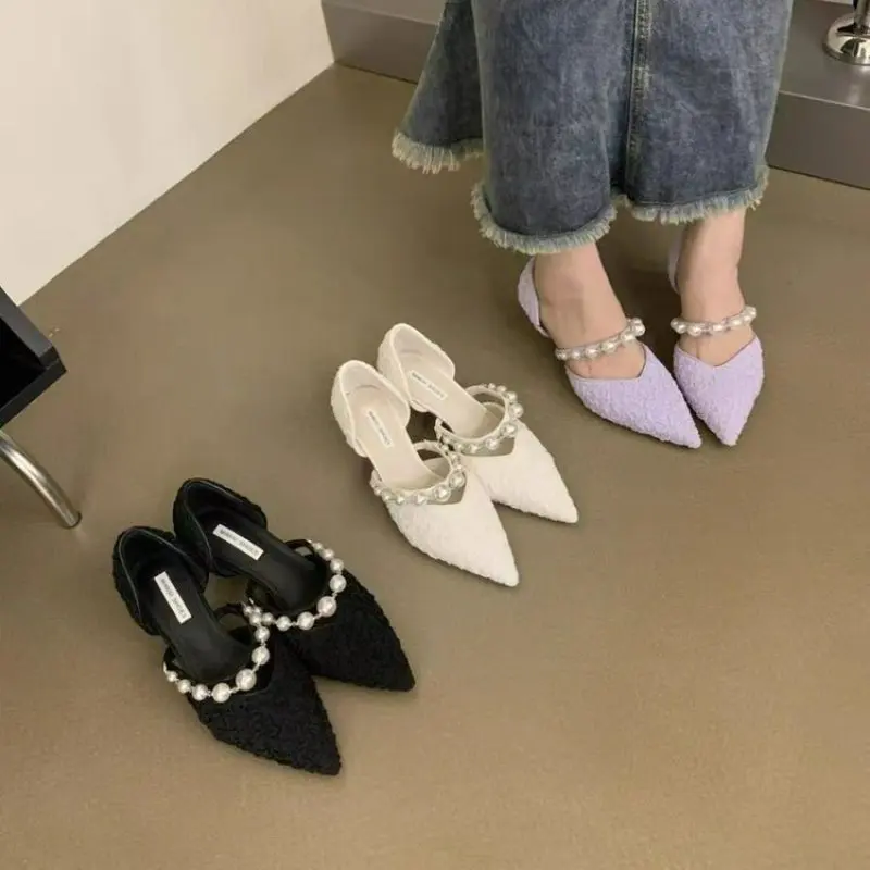 NEW Shoes For Women Heeled Sandals Pointed Toe Footwear Spring Casual Female Fashion Pearl Pumps Elegant Ladies High Heels Shoes