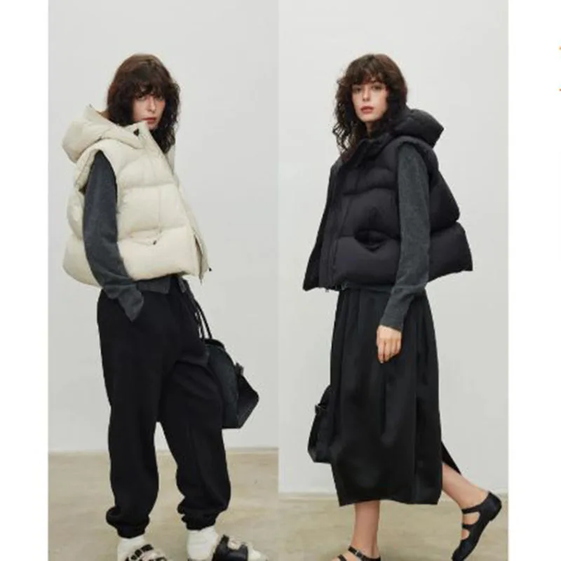 Vrouwen Vest 2025, Nieuwe Herfst Winter Warme Capuchon Witte Ganzendons Leisure Vrouwen Donsvest Effen Kleur Vrouwen Donsjack H441