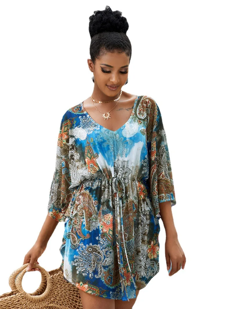 쉬폰 보호 프린트 스트레치 V넥 드로스트링 튜닉, 돌맨 슬리브, 홀리데이 비치 드레스, 2023 여름 비치웨어, 비키니 커버업