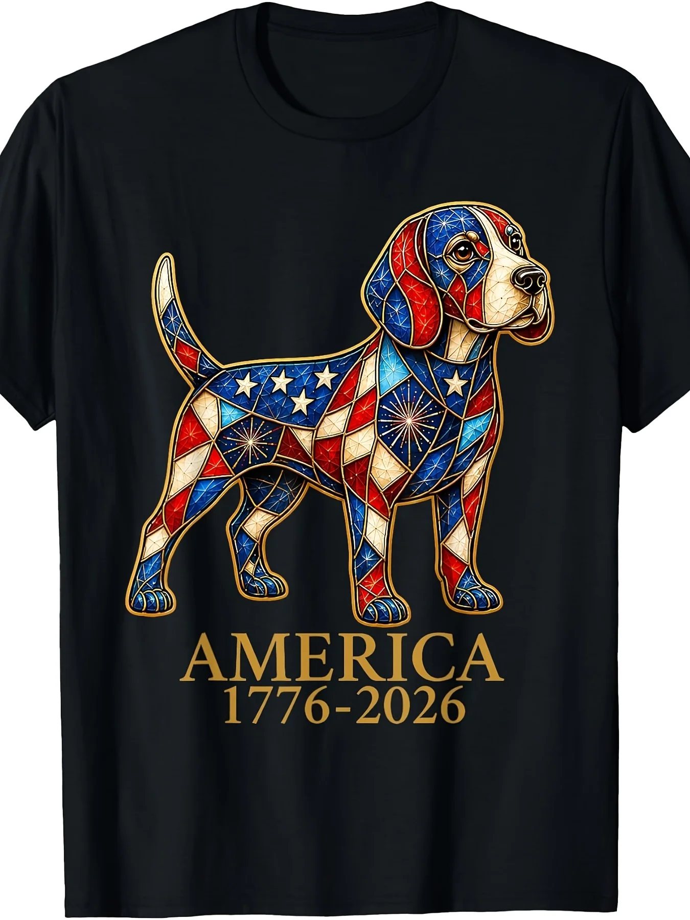 America 1776 2026 Patriotic Beagle Dog USA 250 Years T-Shirt Retro Casual Crew Neck Printed T-Shirt