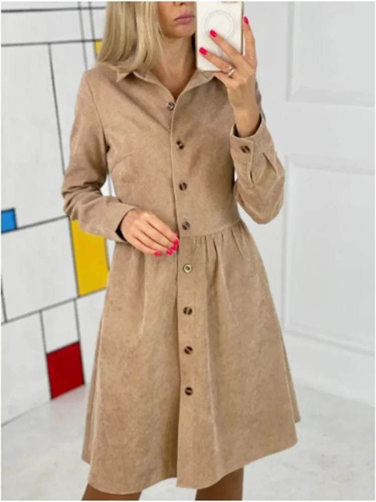 Button Lapel Long Sleeved Solid Color Dress Women's Loose Shirts Dresses Casual Elegant Style Autumn Dresses