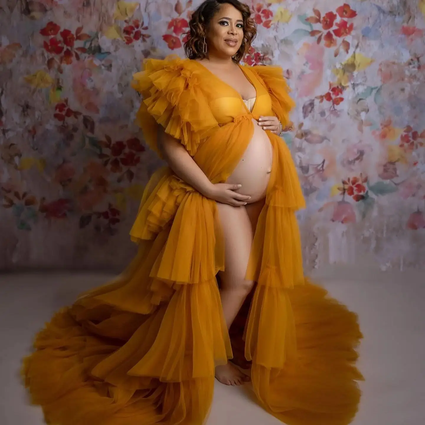 Ciąża suknie balowe spódnica z marszczeniami tiulowa sesja zdjęciowa ciążowa sukienka rękawy z kapturkiem rozcięcie suknie na Baby Shower Boho fotografia rekwizyty