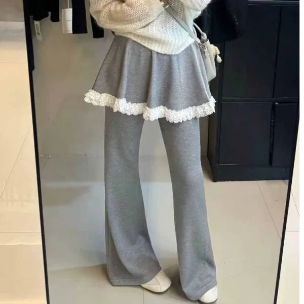 Casual Pants Women's Short Lace Trimmed Half Skirt Splicing Micro Flared Sports Pants plus Size Slimming Fake Two-Piece
