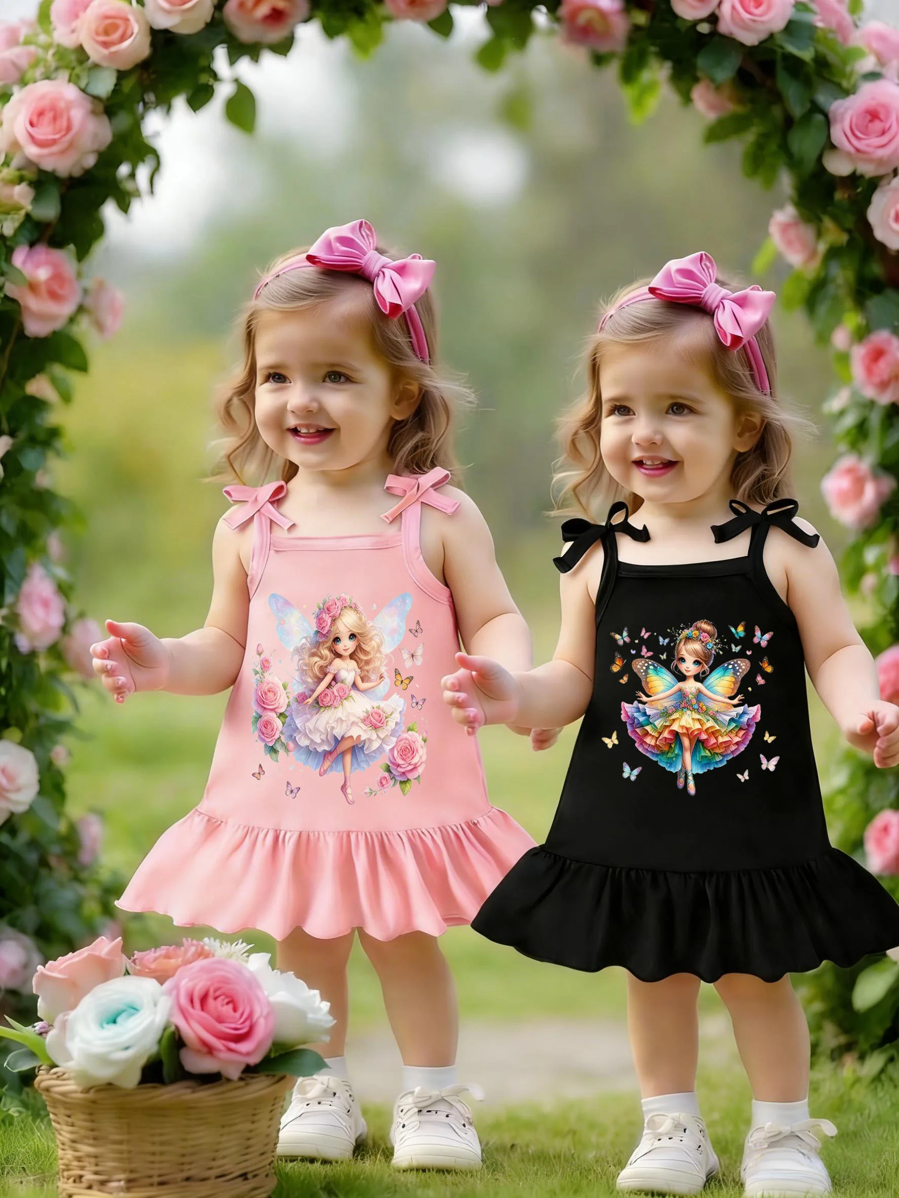 

Fairy Print Black Pink Suspender Dress Baby Girl Ruffle Summer Outfit