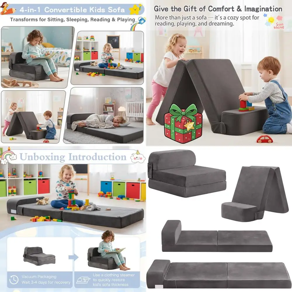 

Children's Convertible Sofa Bed, Toddler Folding Couch with Washable Cover, Futon Sleeper Chair for Kids' Rooms, Living Spaces,