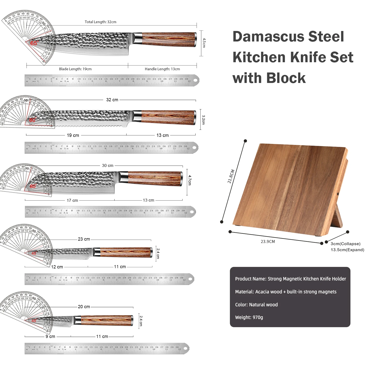 XITUO Damascus Kitchen Knife Set, 6-Piece Damascus Steel VG10 Chef Knife Set Sharp Blades with Wood Magnetic Knife Holder Block - view 2