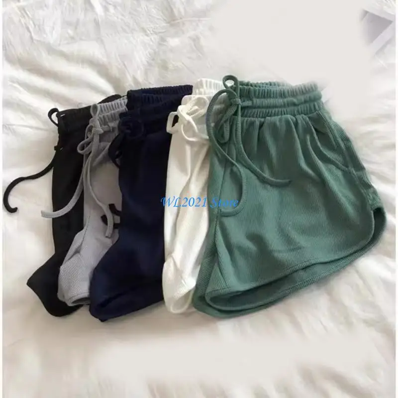 

G5GC Fashionable Solid Color Ribbed Womens Wide Leg Shorts Ice Silk Fabric for Summer