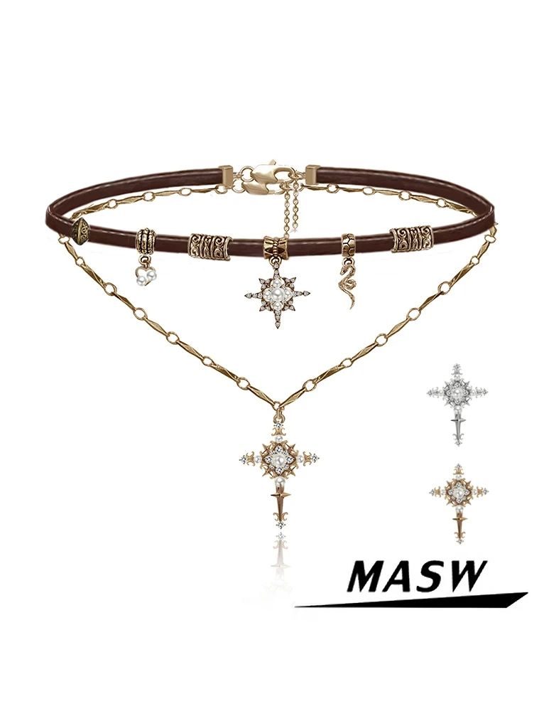 MASW original design sweet and cool star cross necklace Maillard leather sweater chain