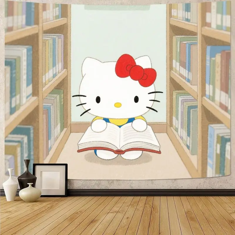 

1PC Sanrio Hello Kitty Reading Book Tapestry Kawaii Library Polyester Wall Art Dorm Bedroom Decor Gift for Students & Book Lover