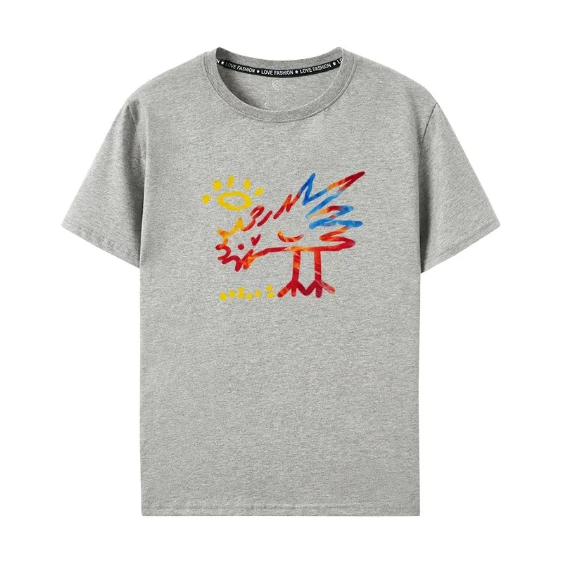 Short Sleeve Pure Cotton round Neck T-Shirt with Chicken Pecking Rice And Phoenix Bird Cartoon Print Fashionable Casual Tee