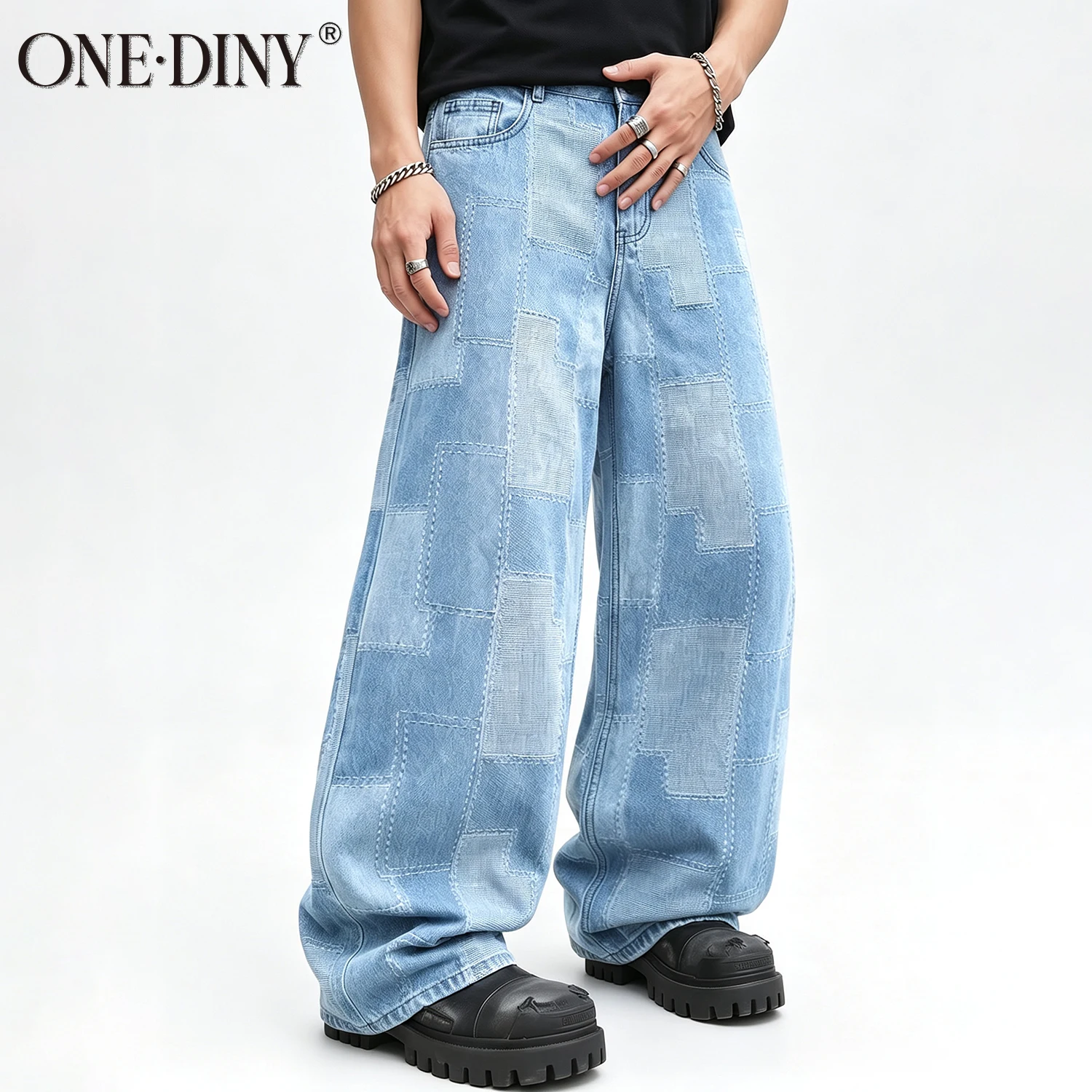 ONE·DINY Men's Geometric Grid Jacquard Beggar Cloth Loose Wide Leg Jeans Retro Street Denim Pants Suitable for Work Casual Wear