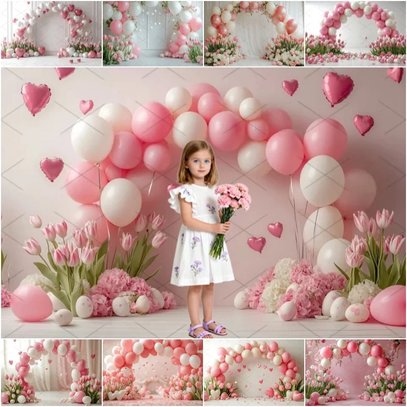 

Pink Tulip Flowers Arch Balloons Photography Background Petal Green Plants Indoor Baby Birthday Scene Portrait Photo Backdrop
