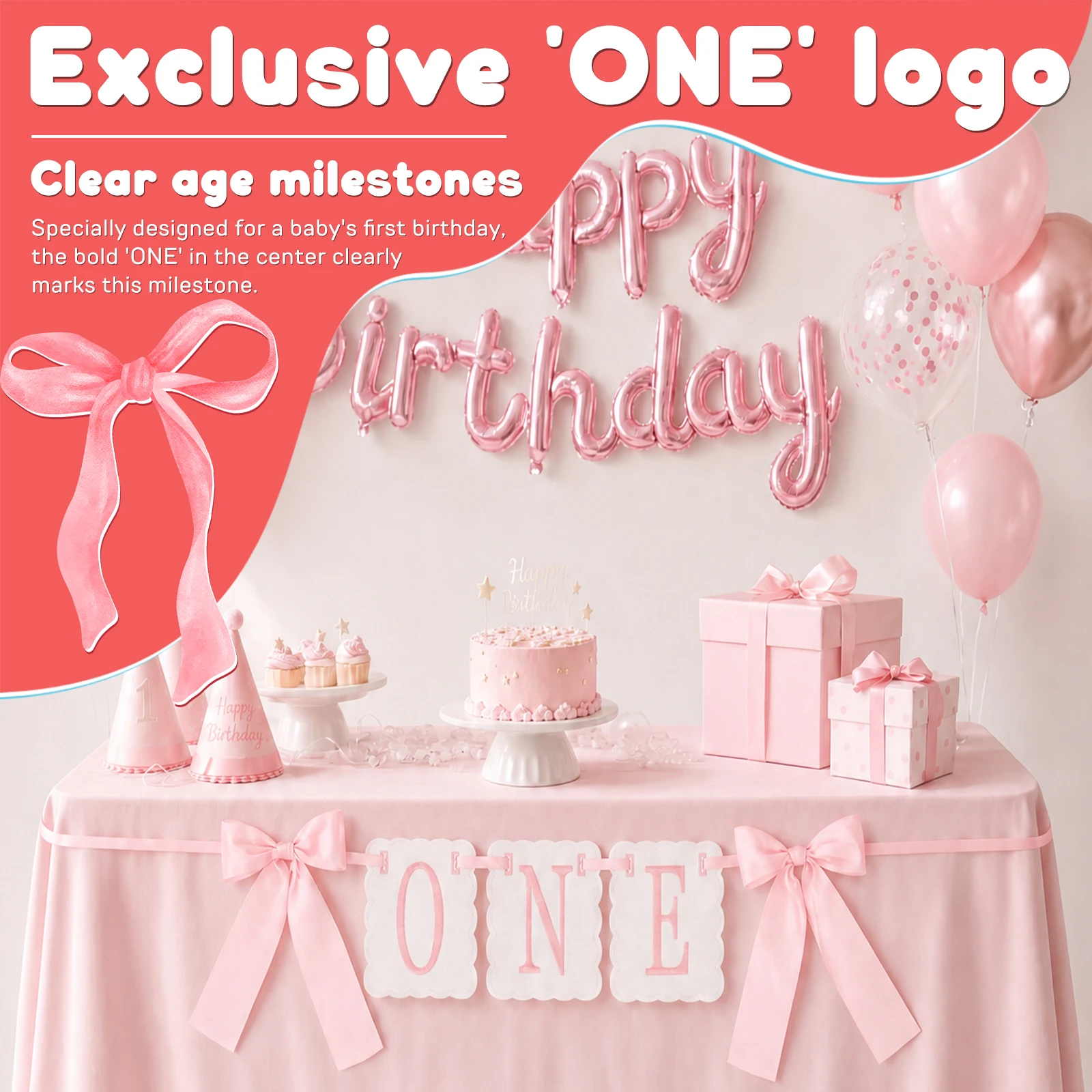 Embroidered 'ONE' Letters High Chair Banner Sweet Bow Themed 1st Birthday Party Banner Decor Scalloped High Chair Hanging Banner view 4