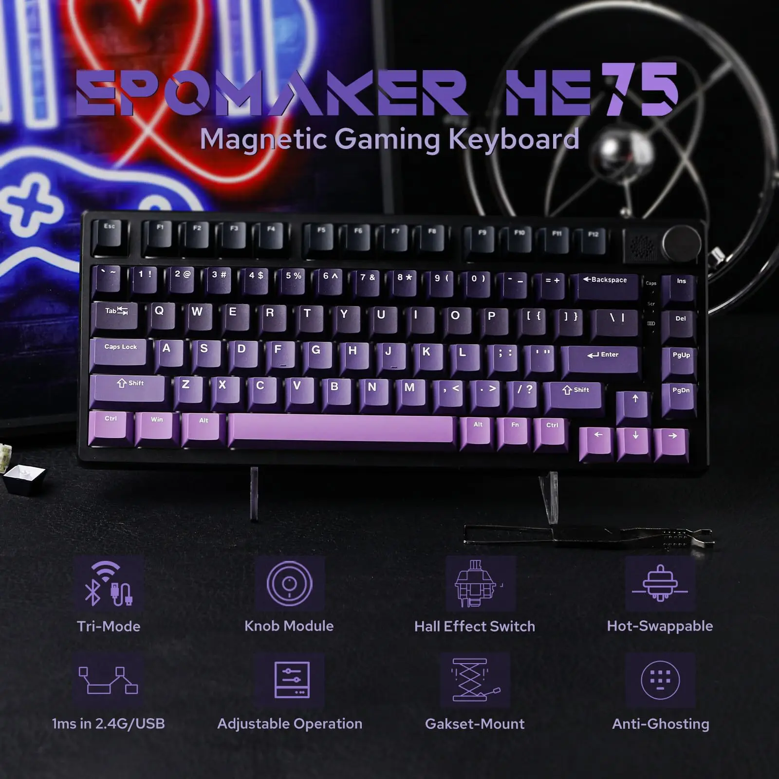 EPOMAKER HE75 Mag 75% Hot-Swap Gasket-Mounted Wired/Bluetooth/2.4GHz Wireless Mechanical Keyboard with RGB Backlight for Mac/WIN - Image 2