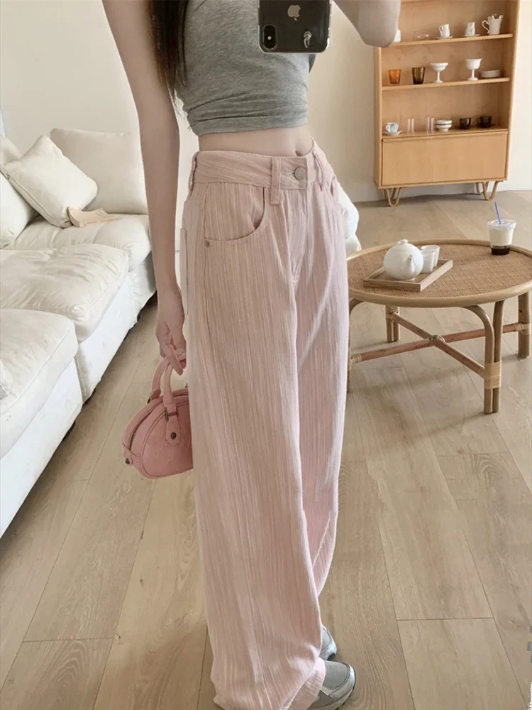 2024 Korean Style Spring Pink Women's White Wide-leg Jeans Minority Simple High Wasited Trousers