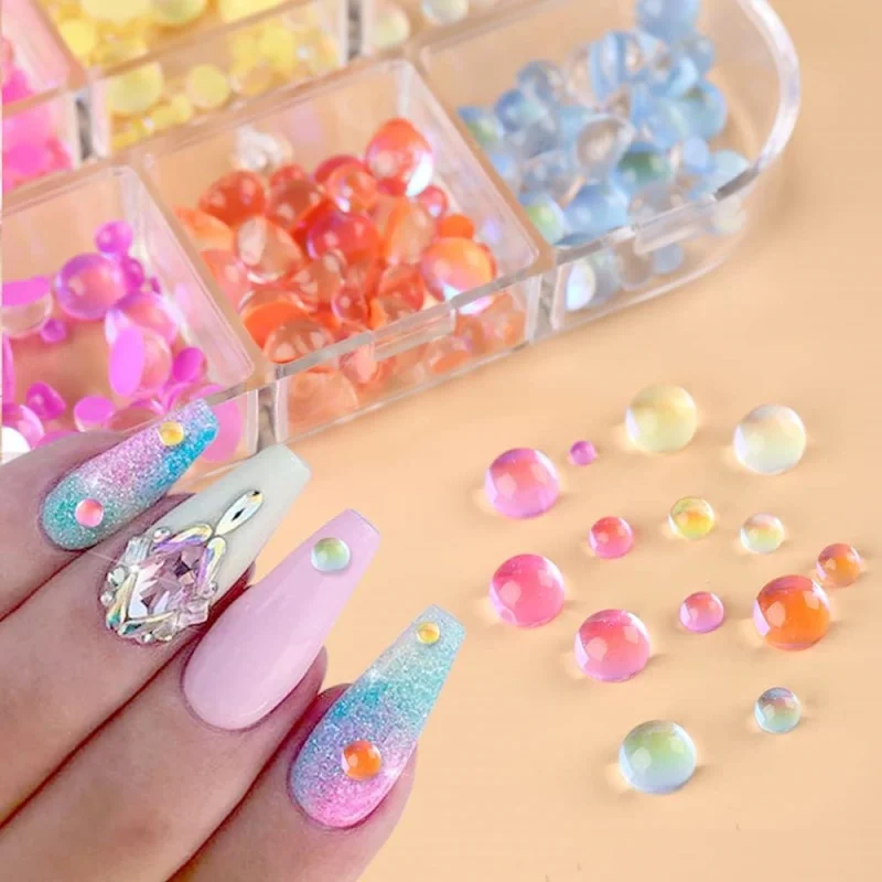 Aurora Mermaid 3D Bubble Beads Nail Charms 12 Grids Mixed Color Crystal Gems Nail Art Decoration Flatback Rhinestones for Nails
