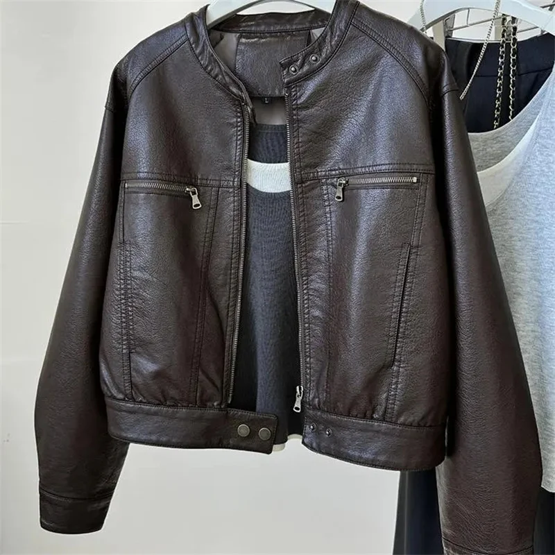 Black PU Leather Jacket 2025 Autumn/Winter New Female Stand up Collar Zipper Motorcycle Coat Women's Casual Short Outwear Top