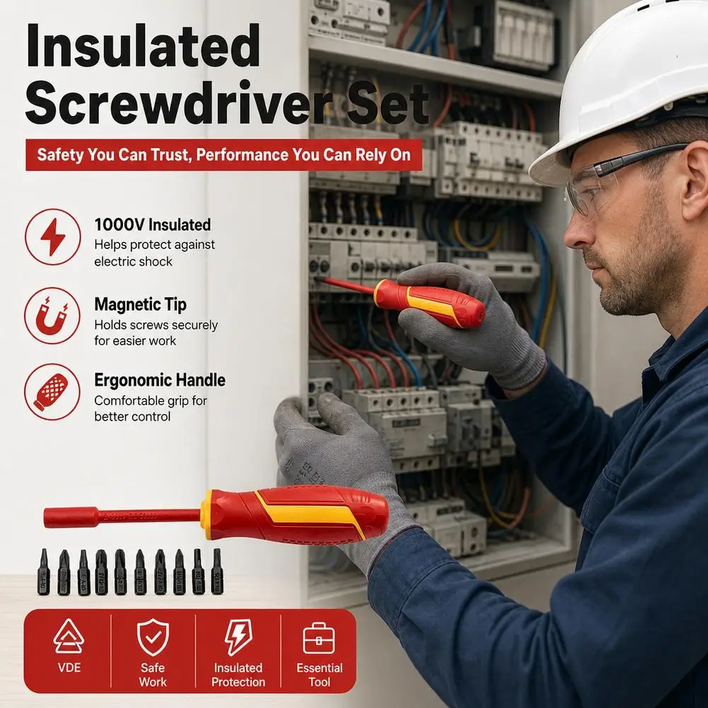 Isolierter Schraubendreher-Satz 10 in 1, magnetische austauschbare Bits, Kreuzschlitz, Schlitz, Elektriker-Handwerkzeug-Reparaturset – Detail 6