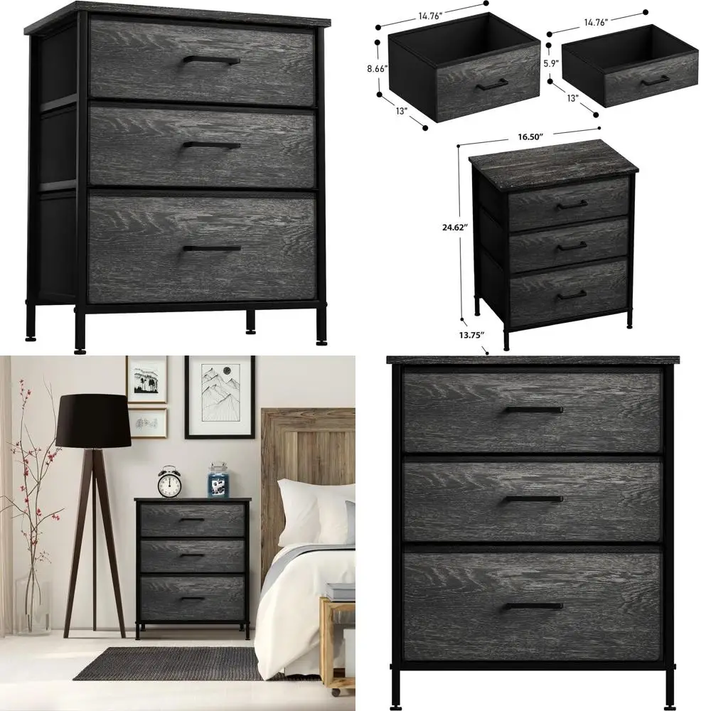 

3-Drawer Faux Wood Nightstand with Steel Frame and Wood Top for Storage in Bedroom, Living Room, and Dorm