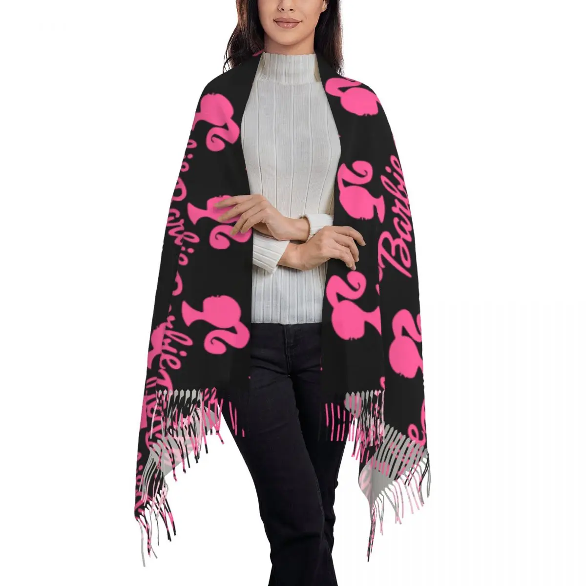 Bufanda personalizada con logotipo de Barbie para mujer, chal largo de invierno cálido con borla, bufandas lindas Unisex