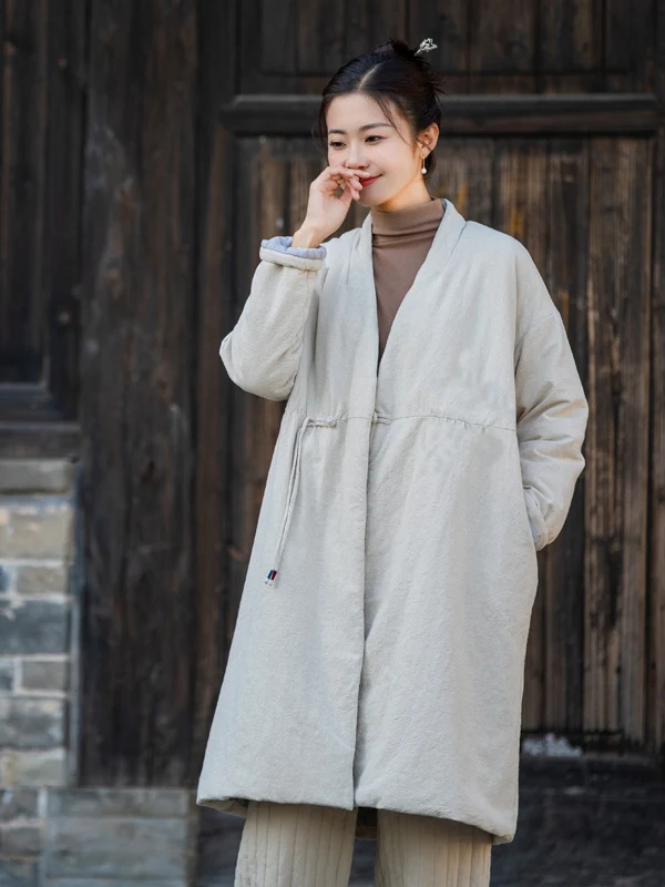 

Новинка 2025 года, китайское свободное хлопковое свободное утягивающее хлопковое пальто средней длины с v-образным вырезом и пуговицами в стиле ретро