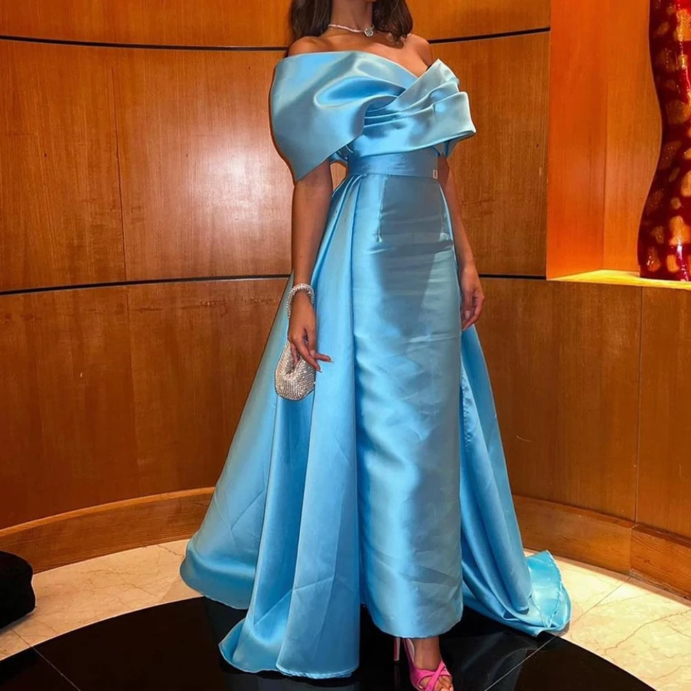 

Blue Off the Shoulder Straight Tea Length Half Sleeves Satin Evening Dress Elegant Pleats Panel Train Bespoke Occasion Gowns