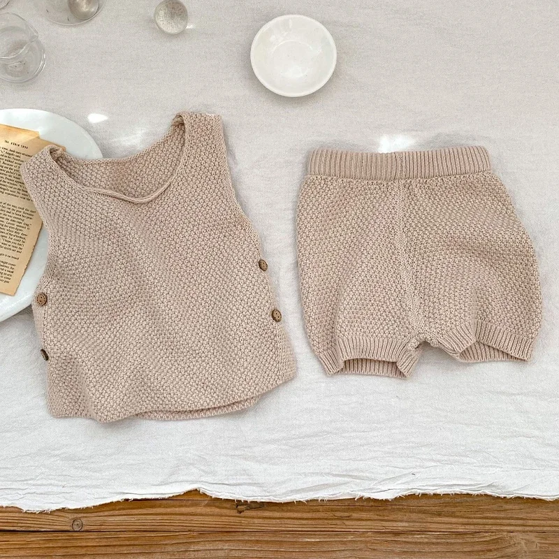 New Baby Clothing Knitted Sweater Thin Tank Top Open Button Top+Shorts 2-piece Set for Boys and Girls