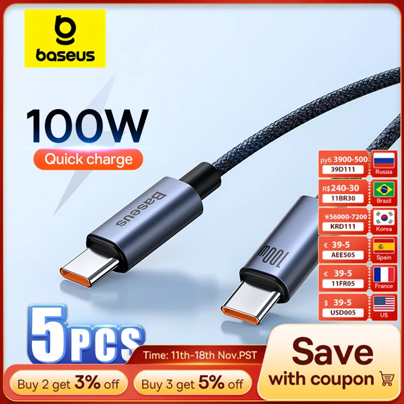 Baseus 2/5PCS 100W USB C To USB C Cable For iPhone 15 PD Fast Charging Charger Wire Cord For Macbook iPad Samsung Huawei Xiaomi