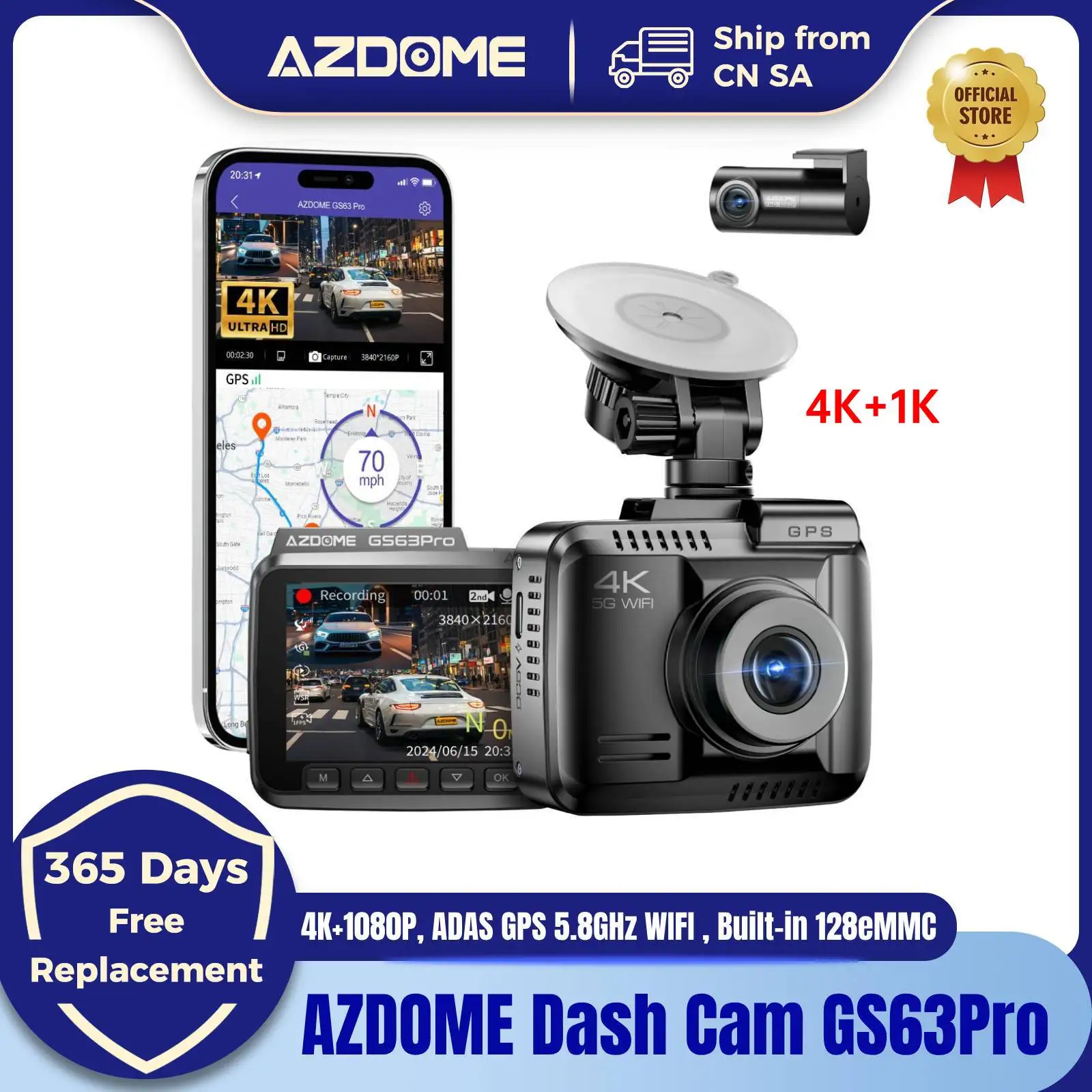 AZDOME Dash Cam GS63Pro 4K+1080P ADAS GPS 5.8GHz WIFI Car DVR Built-in 128eMMC Night Vision 24H Parking Monitor Support Rear Cam