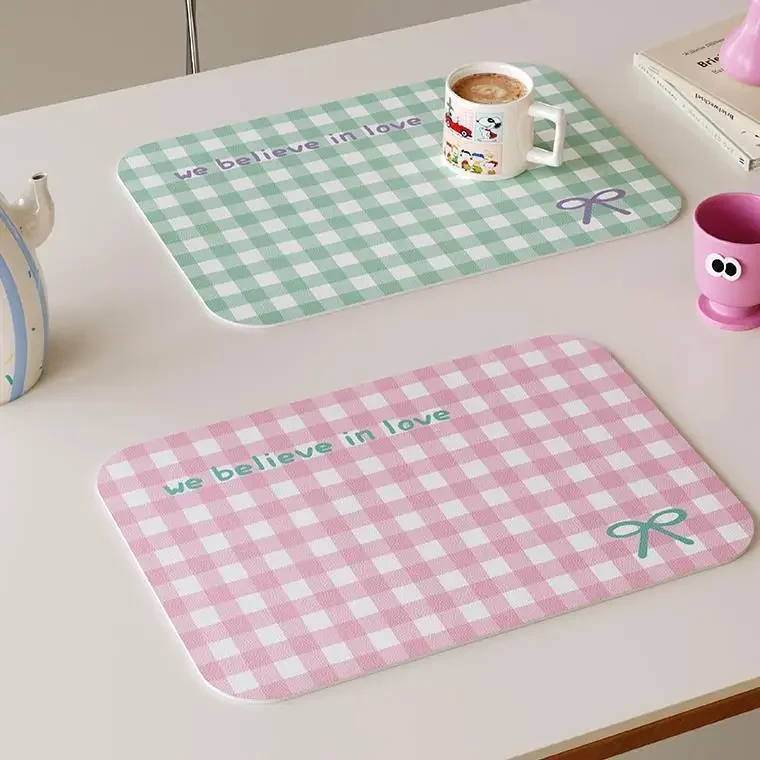 Pastel Check Bow Print Dish Drying Mat Non Slip Waterproof Quick Absorbent Coffee Table Kitchen Sink Pad