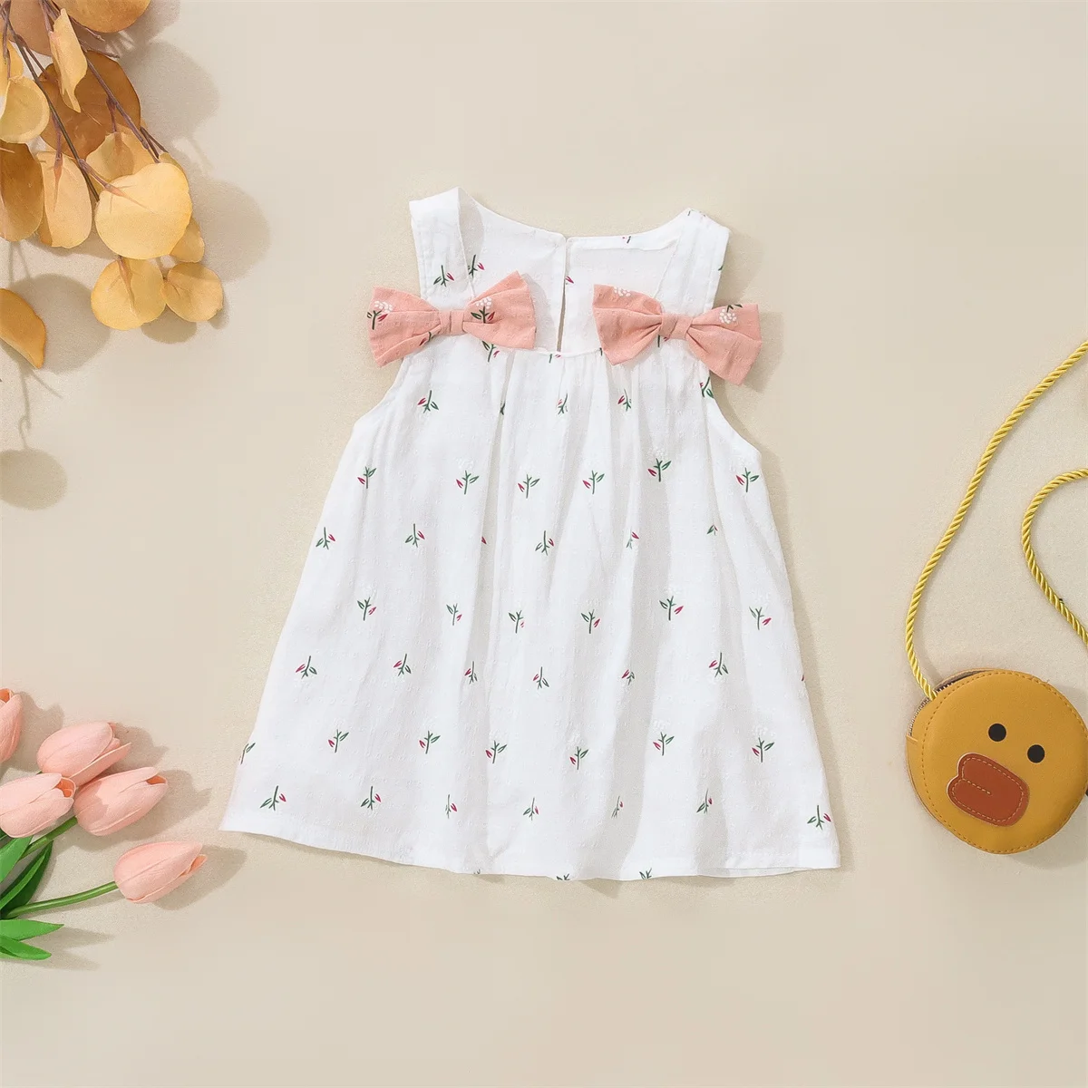 Summer Girl Strap Dress Solid Color Double Shoulder Bow Small Flower Print Cute Sleeveless Strap Dress