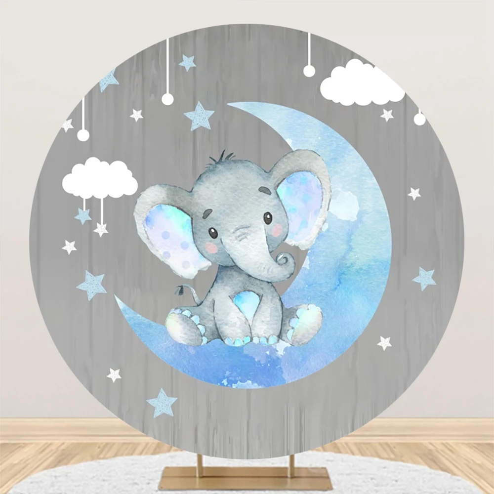 Elephant Baby Shower Round Backdrop Cover Boys Girls 1st Birthday Party Kids Portrait Circle Background for Photography Props