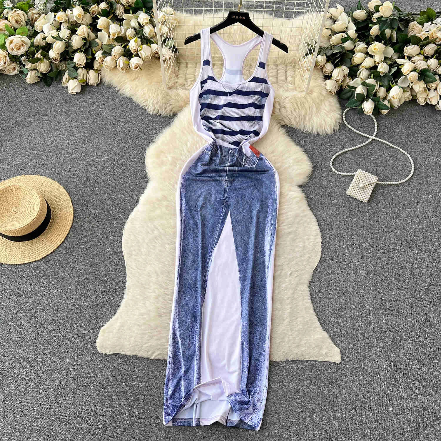 Fashion Women Summer Tank Dress Casual Streetwear Retro Style Striped Printed O Neck Sleeveless Slim Bodycon Maxi Dress Outfits