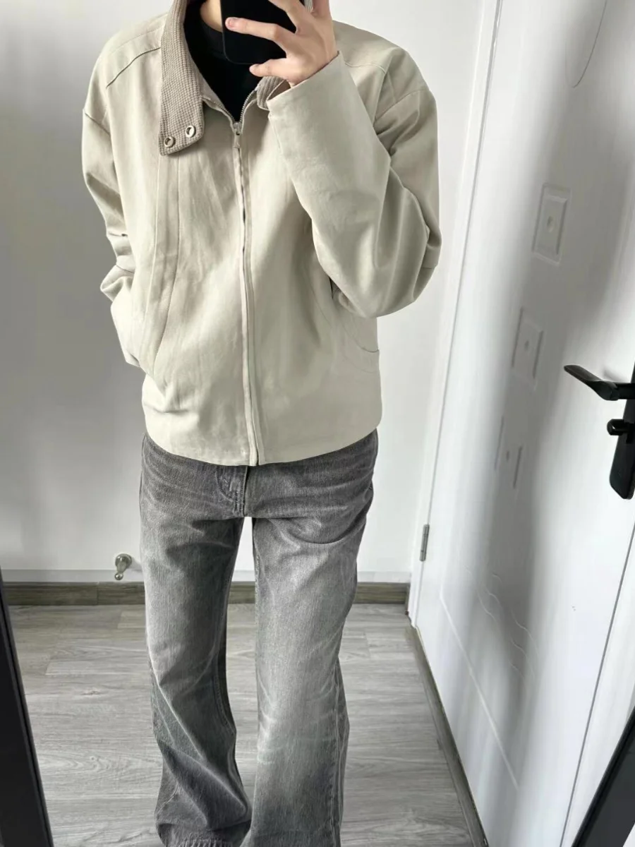 アメリカンハイストリートハリントンジャケットメンズニッチハイセンススタンドカラーパッチワークキャンバスヴィンテージカジュアルアウター